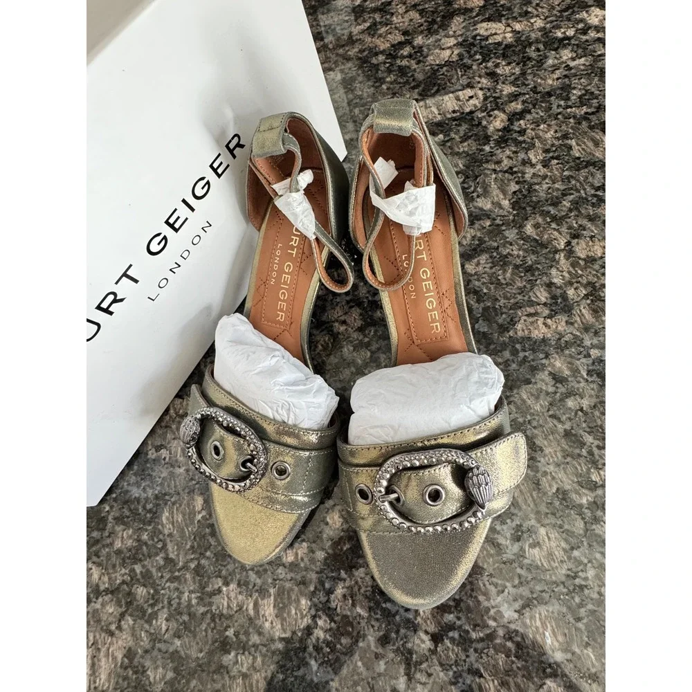 Kurt Geiger London Metallic Gold‎ Crystal Heel Eagle Buckle Sandals Womens 36